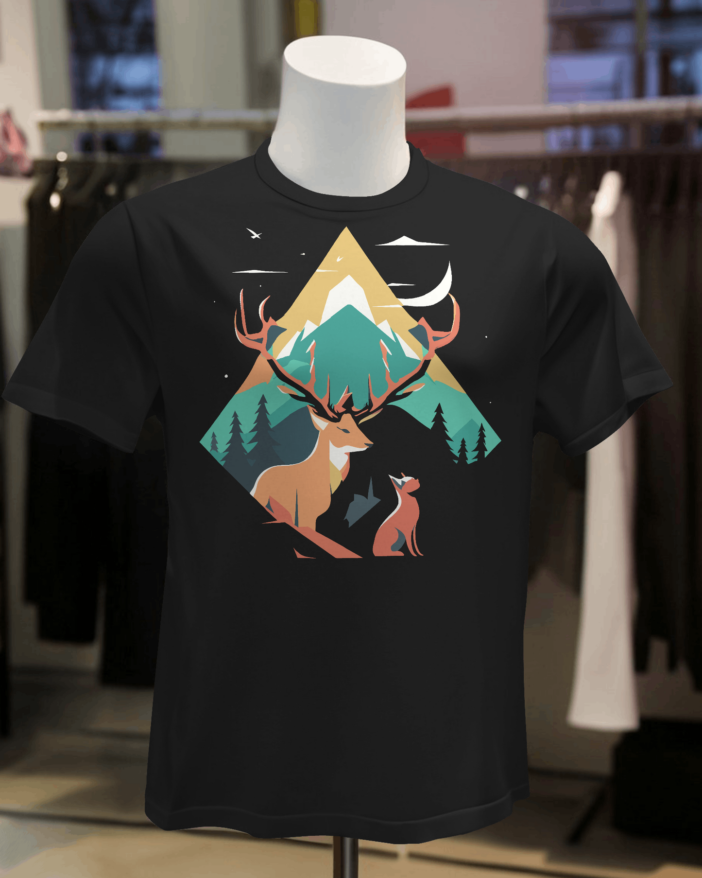 Mountain Majesty Tee: Reindeer & Cat Adventure